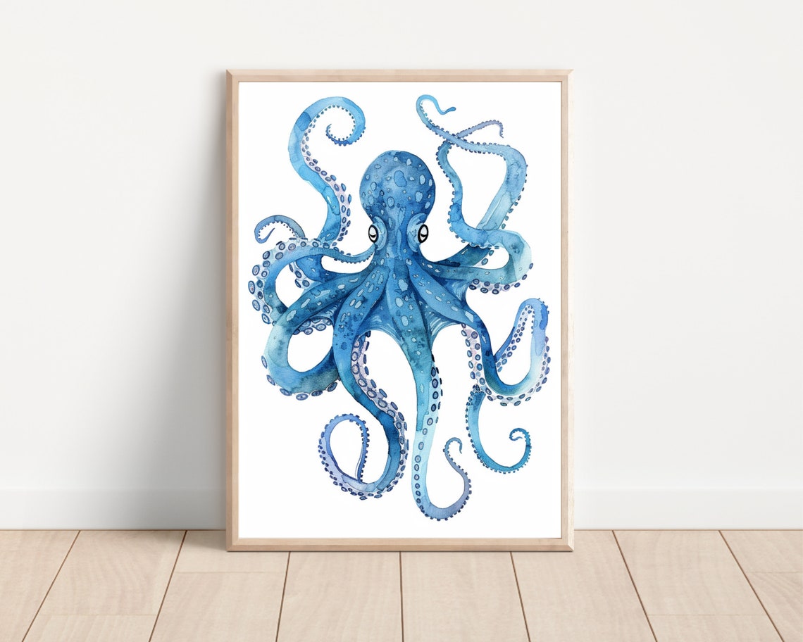 Blue Octopus Watercolor Tentacles Ocean Sea Animal Wall Poster Print - Image 2