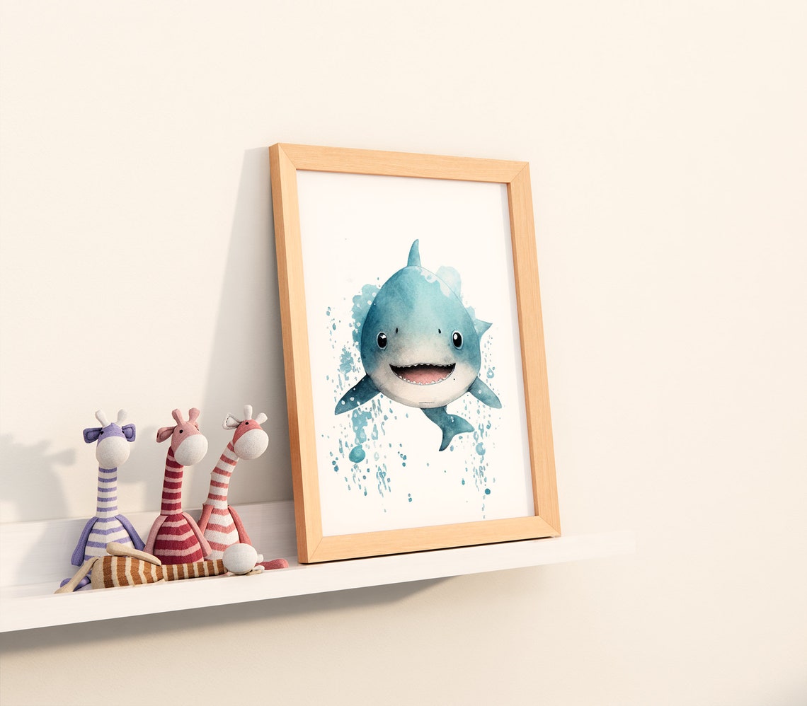Watercolor Nursery Kawaii Shark Cute Nursery Animal Art Baby Animal Nursery Painting Art For Babies Gifts For Newborns - Image 3