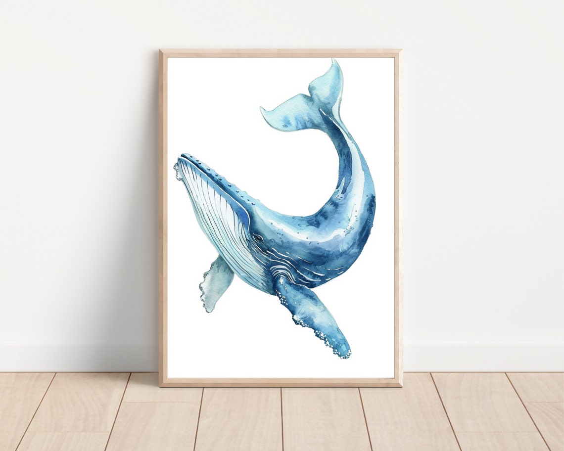 Humpback Whale Watercolor Blue Minimalist Ocean Animal Wall Poster - Image 2