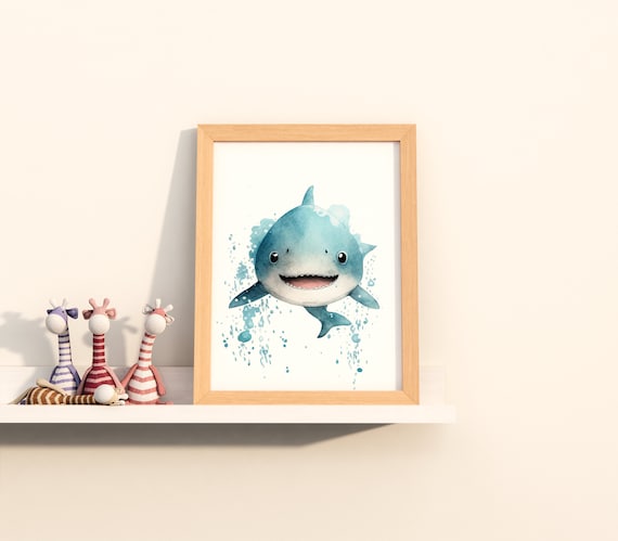 Watercolor Nursery Kawaii Shark Cute Nursery Animal Art Baby Animal Nursery Painting Art For Babies Gifts For Newborns