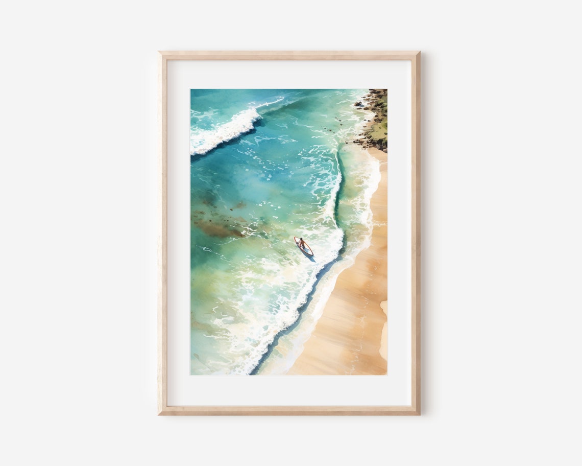 Aerial Beach Surf Watercolor Turquoise Wave Ocean Wall Art Poster