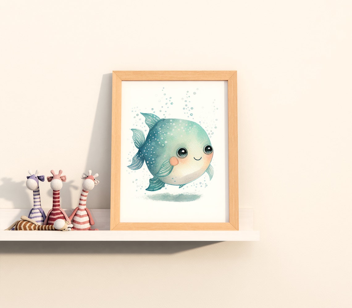 Watercolor Nursery Kawaii Fish Cute Nursery Animal Art Baby Animal Nursery Painting Art For Babies Gifts For Newborns