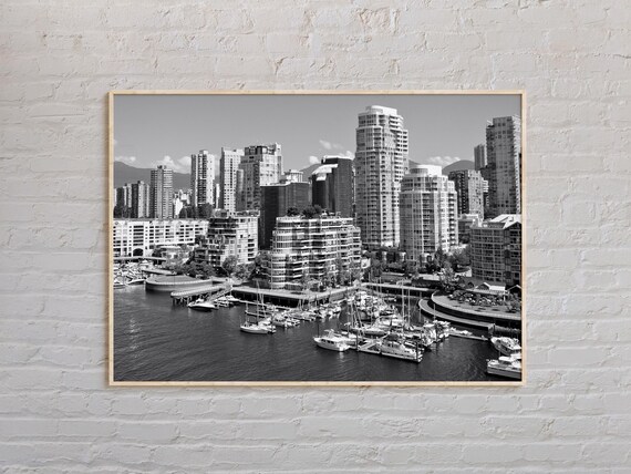 Black and White Vancouver Harbor Skyline City Photography Poster