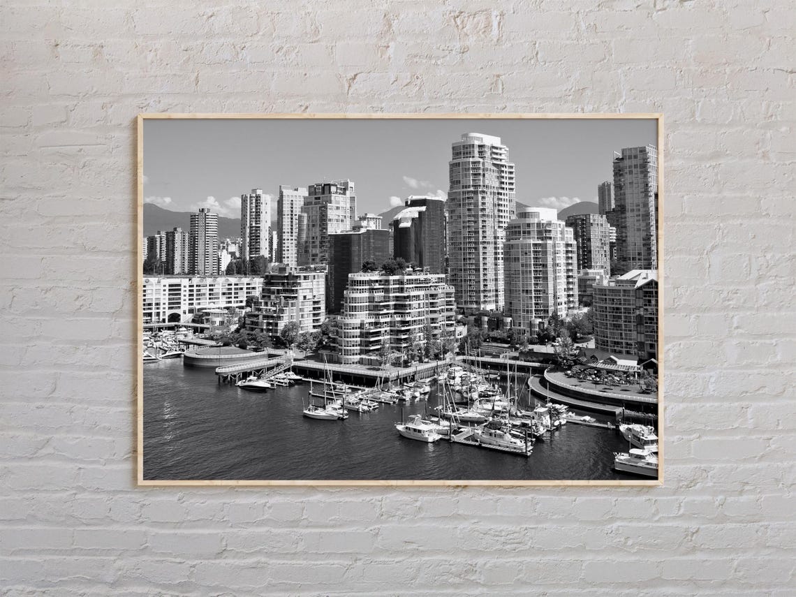 Black and White Vancouver Harbor Skyline City Photography Poster