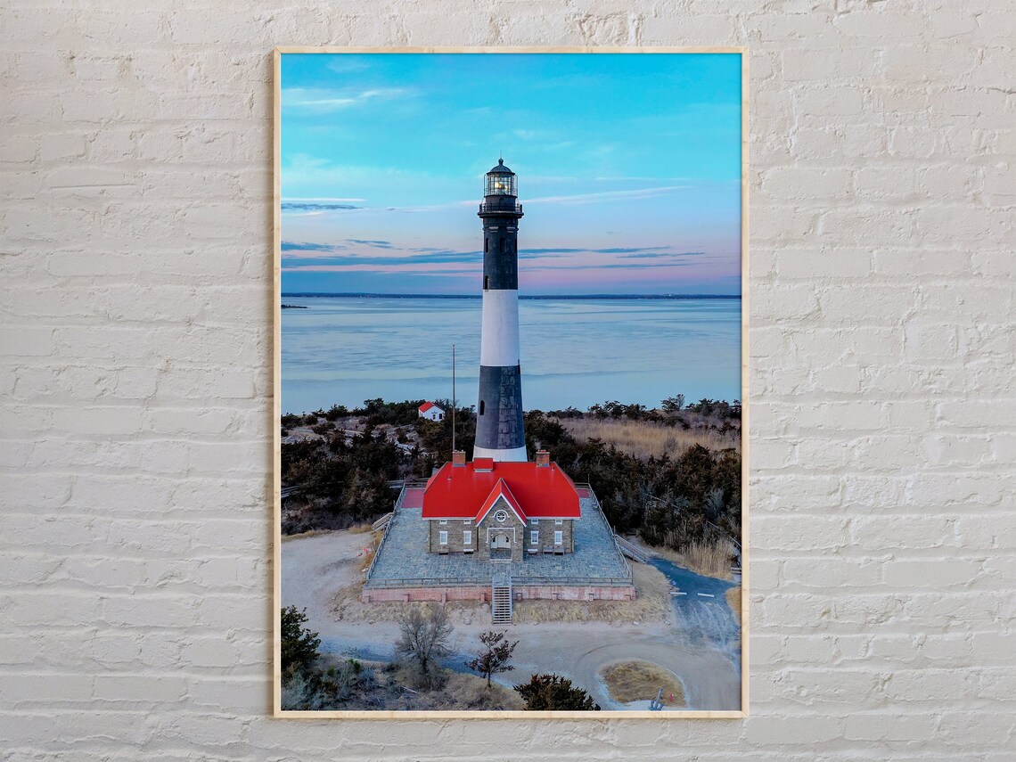 Fire Island Lighthouse Aerial View at Dusk New York Travel Poster