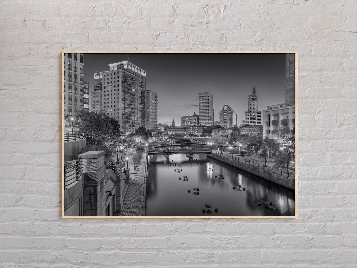 Providence Night River Bridge Skyline Black and White City Poster