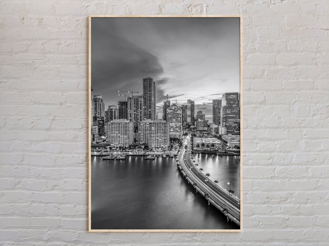 Miami Florida Downtown Skyline Black And White Poster Causeway Night View