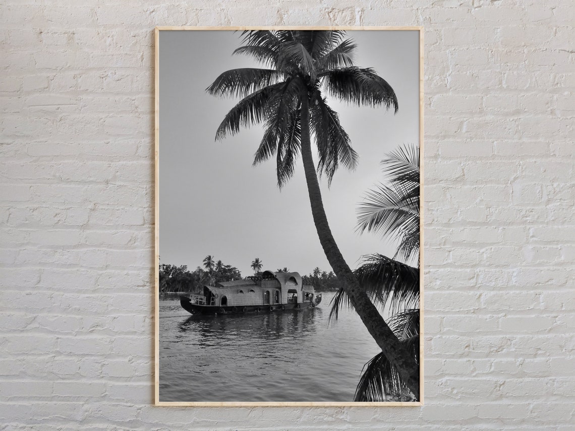 Kerala Houseboat on Water Black and White Palm Tree Travel Poster