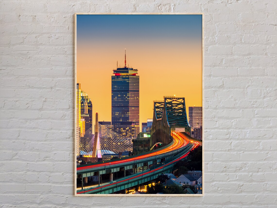 Boston Massachusetts Skyline Sunset Zakim Bridge Light Trails Poster