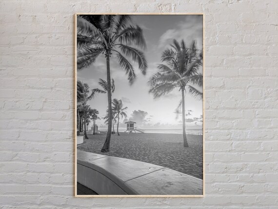Florida Beach Palm Trees Black and White Coastal Photo Poster