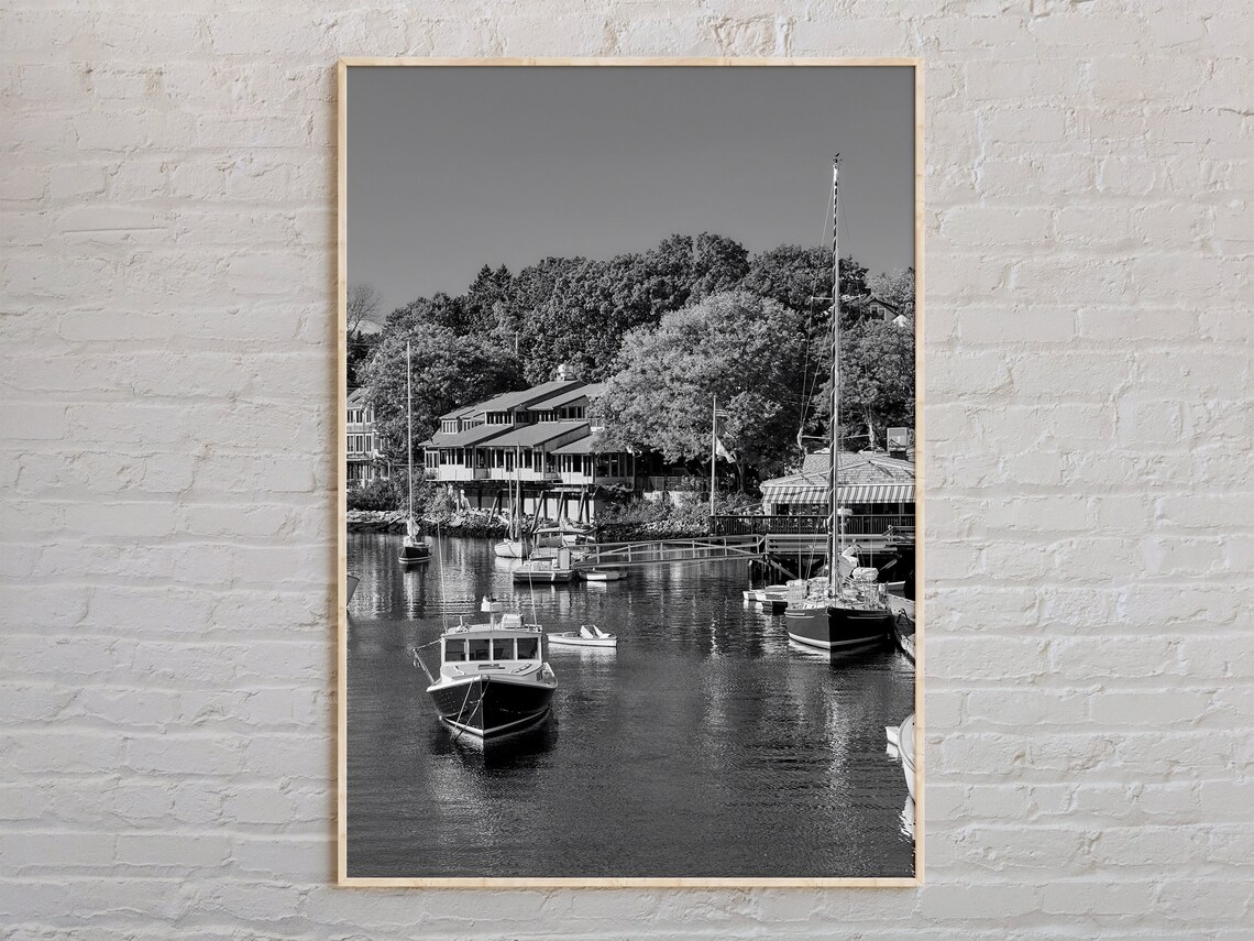 Ogunquit Maine Harbor Boats Black And White Coastal Photo Poster