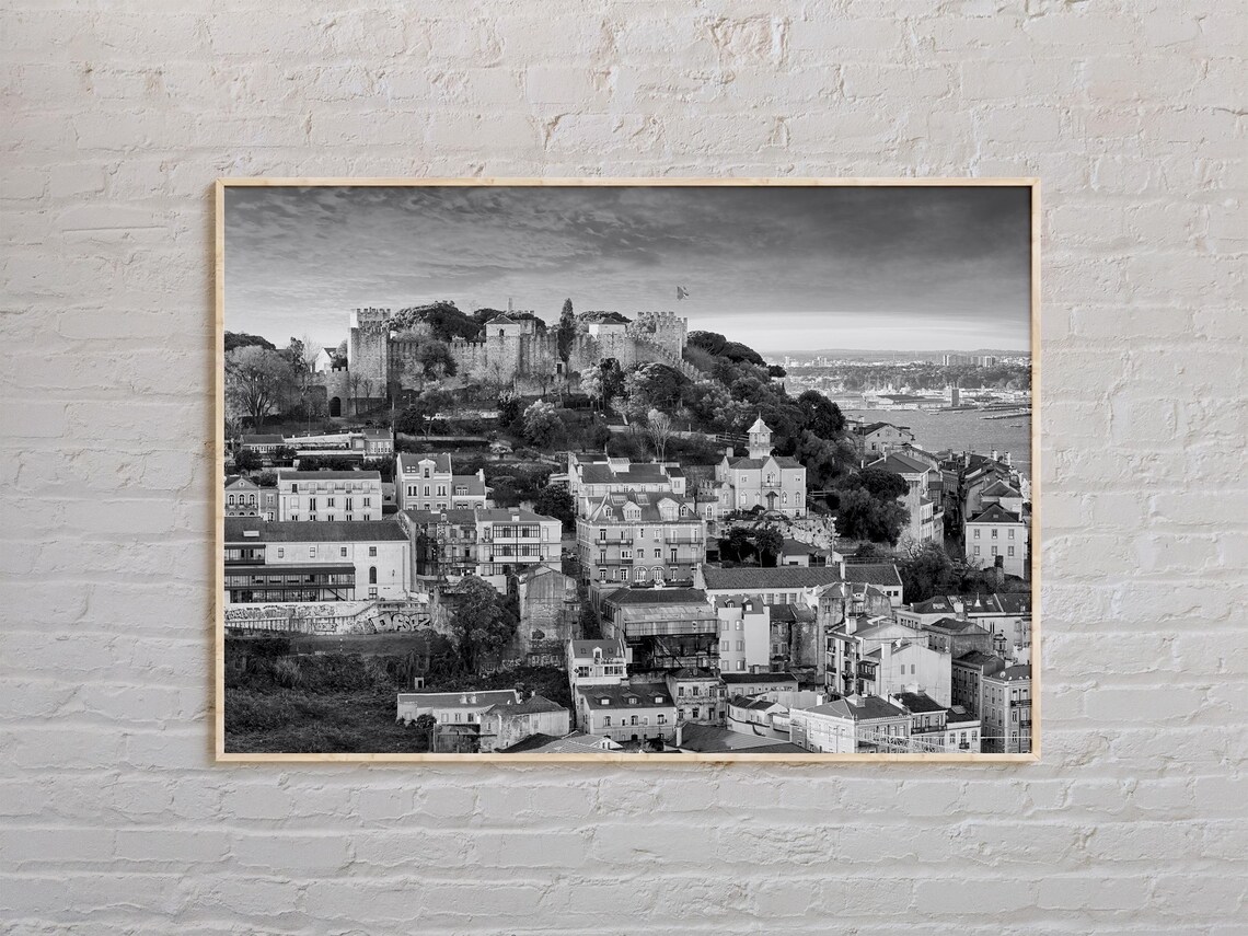 Black and White Lisbon Castle Hill Old Town Photography Poster