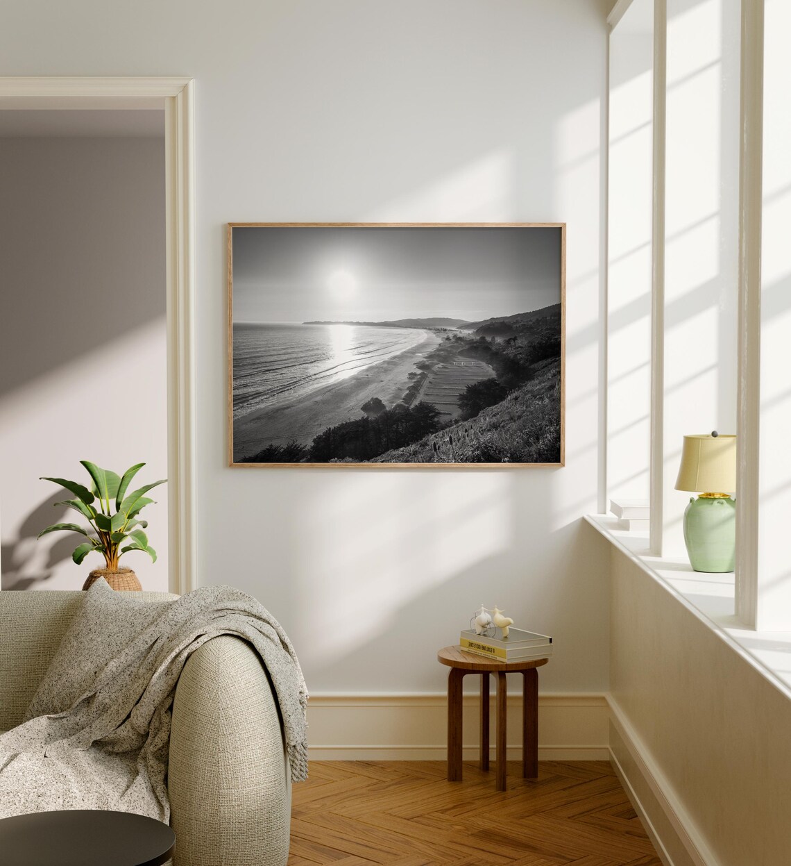 Stinson Beach Sunny Coastline from Hillside Black and White Poster - Image 5