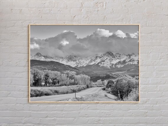 Black And White Colorado Snowy Mountain Road Dramatic Sky Landscape Poster