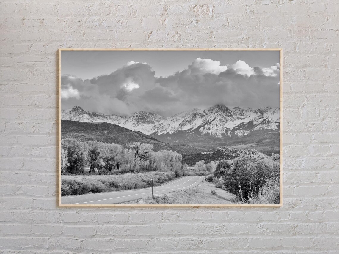Black And White Colorado Snowy Mountain Road Dramatic Sky Landscape Poster