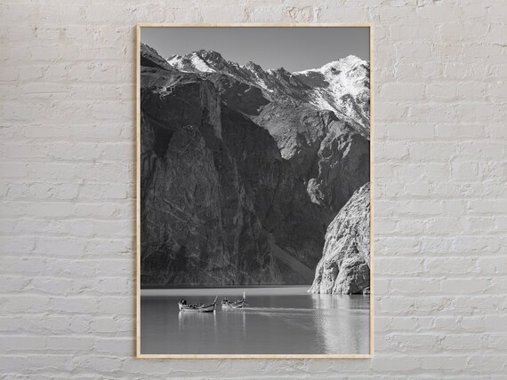 Black And White Mountain Lake With Boats Landscape Photo Poster