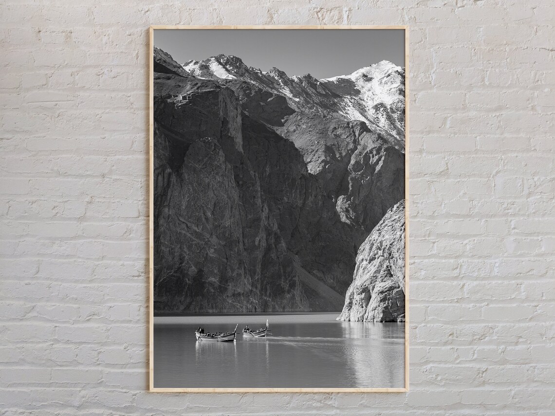 Black And White Mountain Lake With Boats Landscape Photo Poster