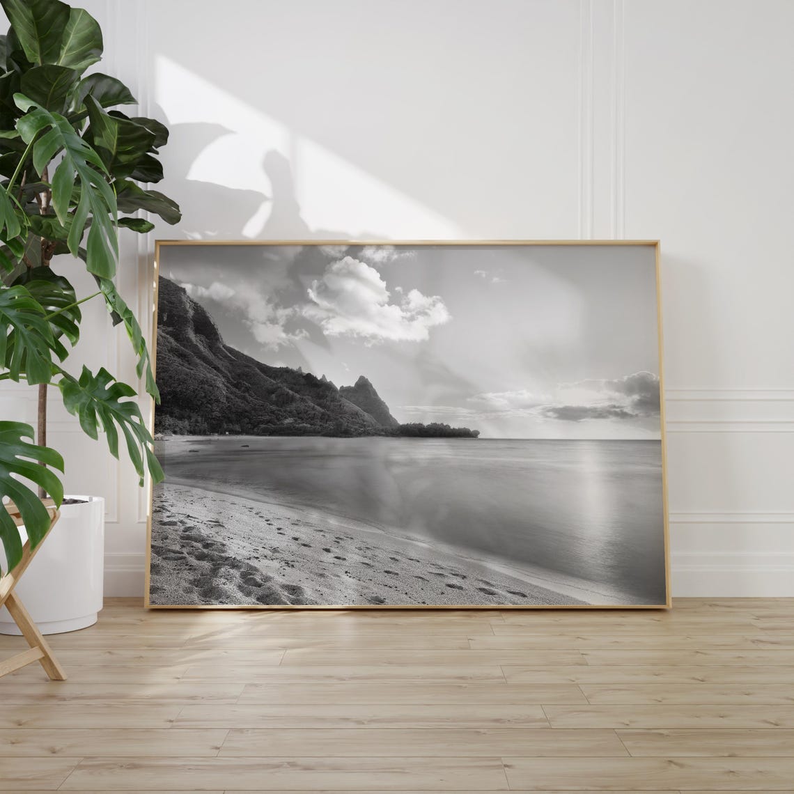 Hawaii Beach Sunset Footprints Mountain Black and White Poster - Image 2