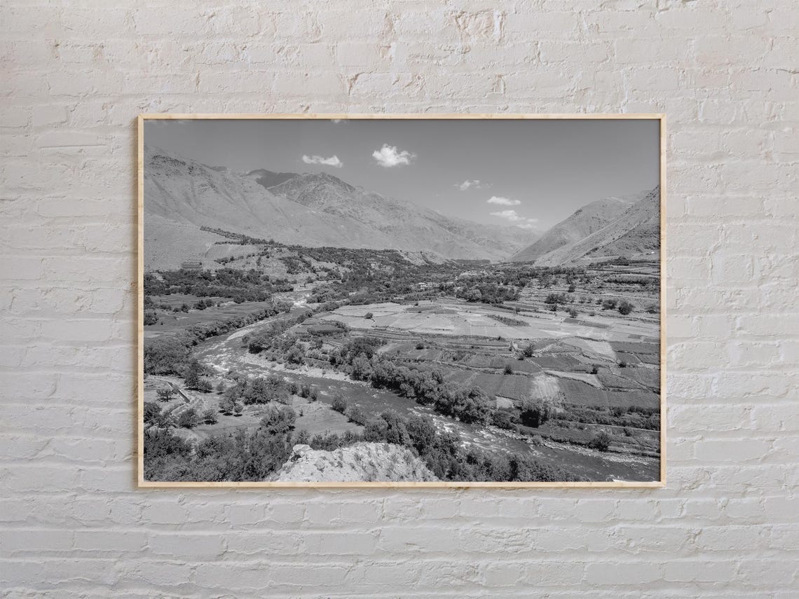 Afghanistan Mountain Valley and River Black and White Landscape Poster