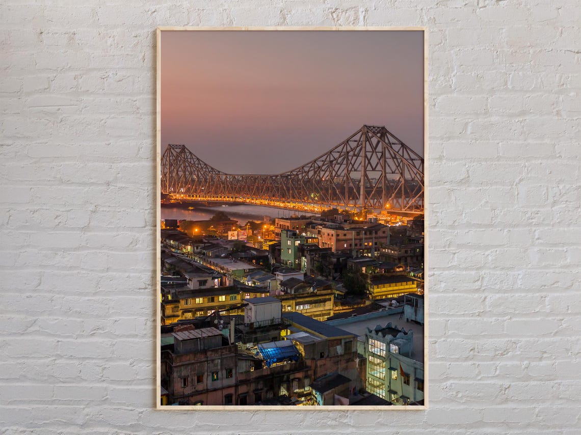 Kolkata India Howrah Bridge Illuminated At Dusk Landscape Poster
