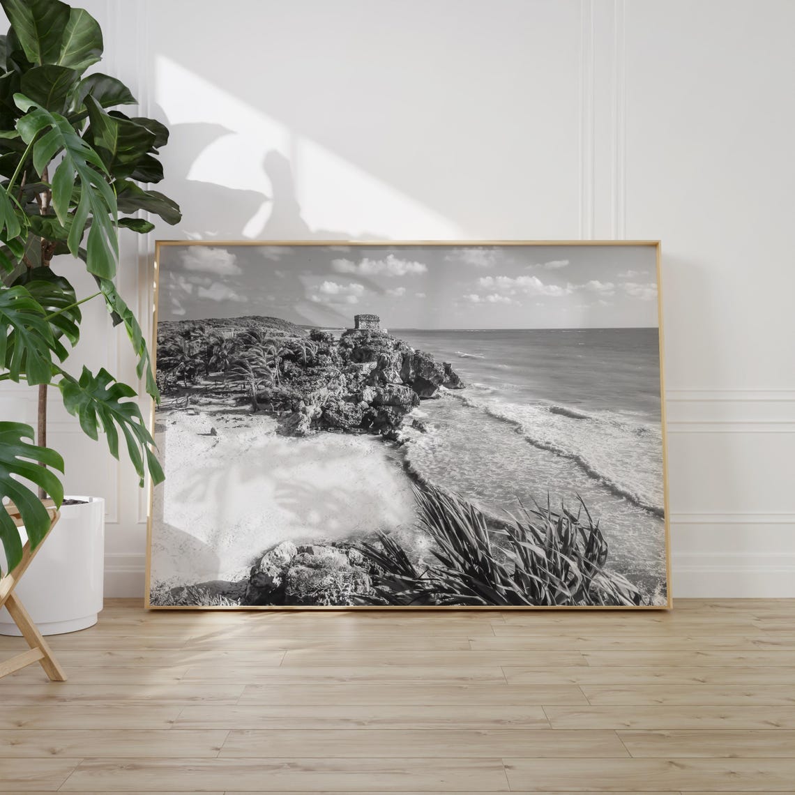 Tulum Mexico Mayan Ruins Cliffside Beach Black And White Ocean Poster - Image 2