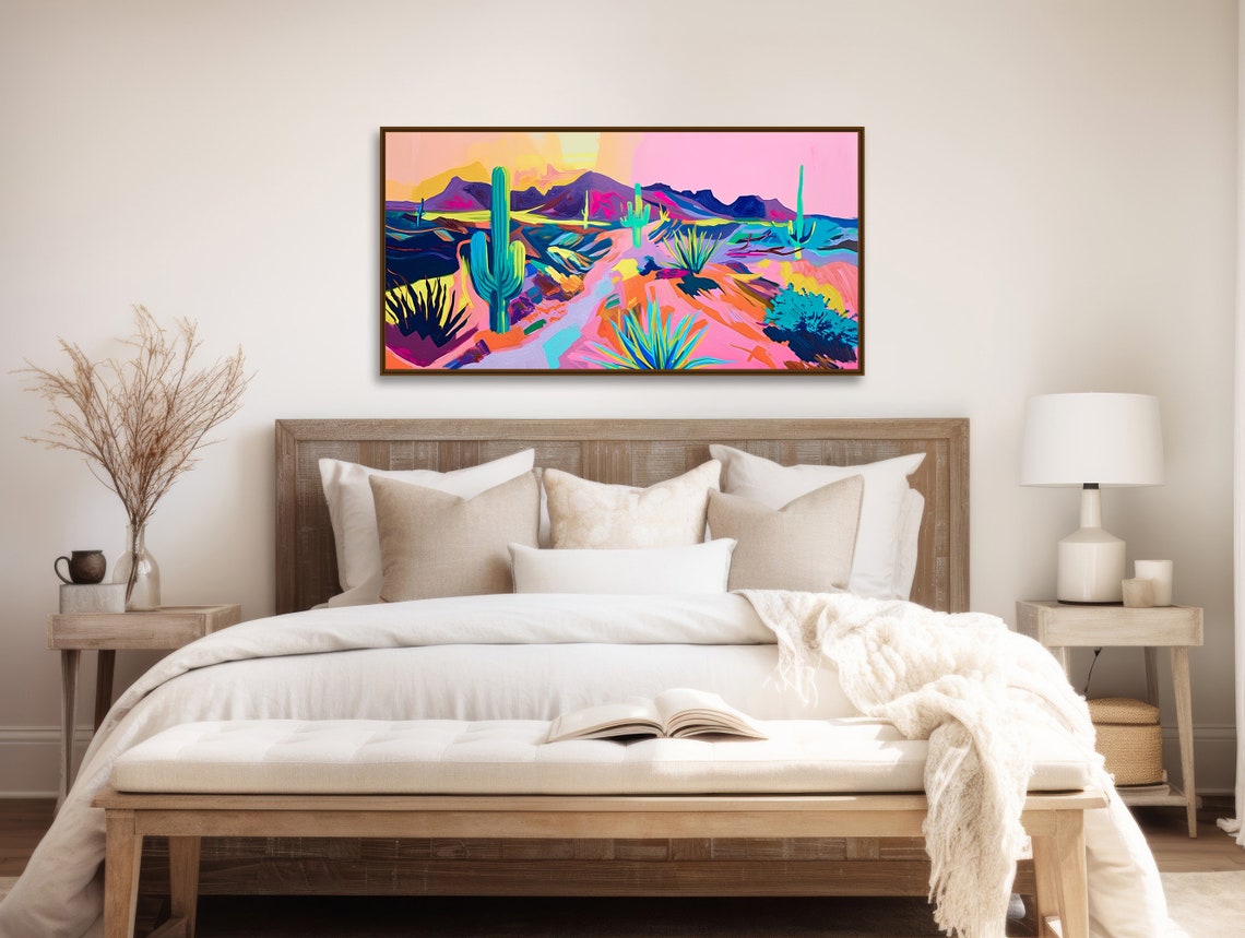 Fauvist Desert Sunset Painting Teal Saguaro Pink Mountains Wall Poster - Image 2