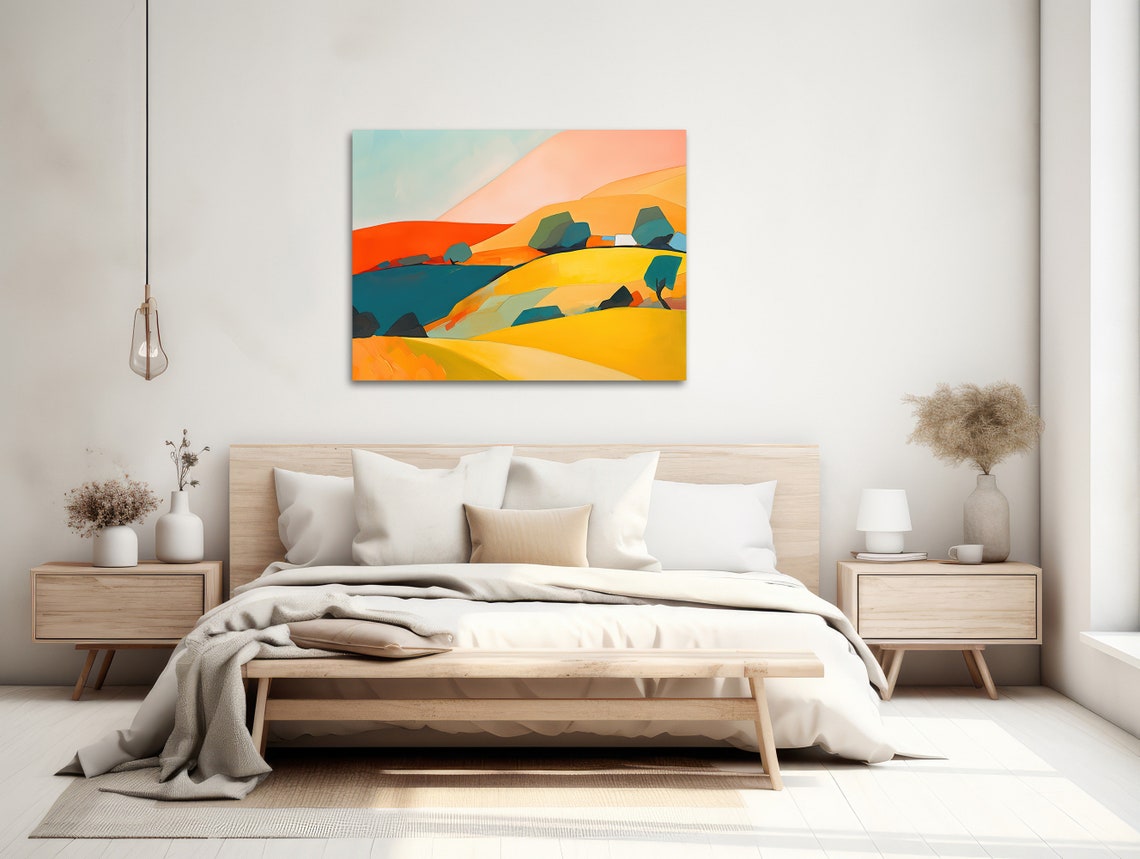 Elegant Teal And Gold Abstract Rolling Hills Under Peach Sky Poster - Image 2