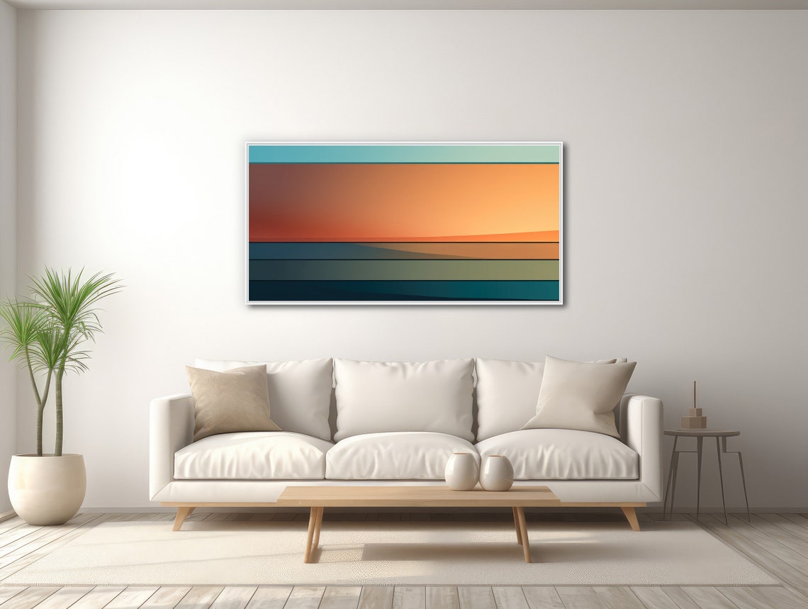 Panoramic Sunset Stripe Bands Teal Orange Minimalist Retro Print - Image 3