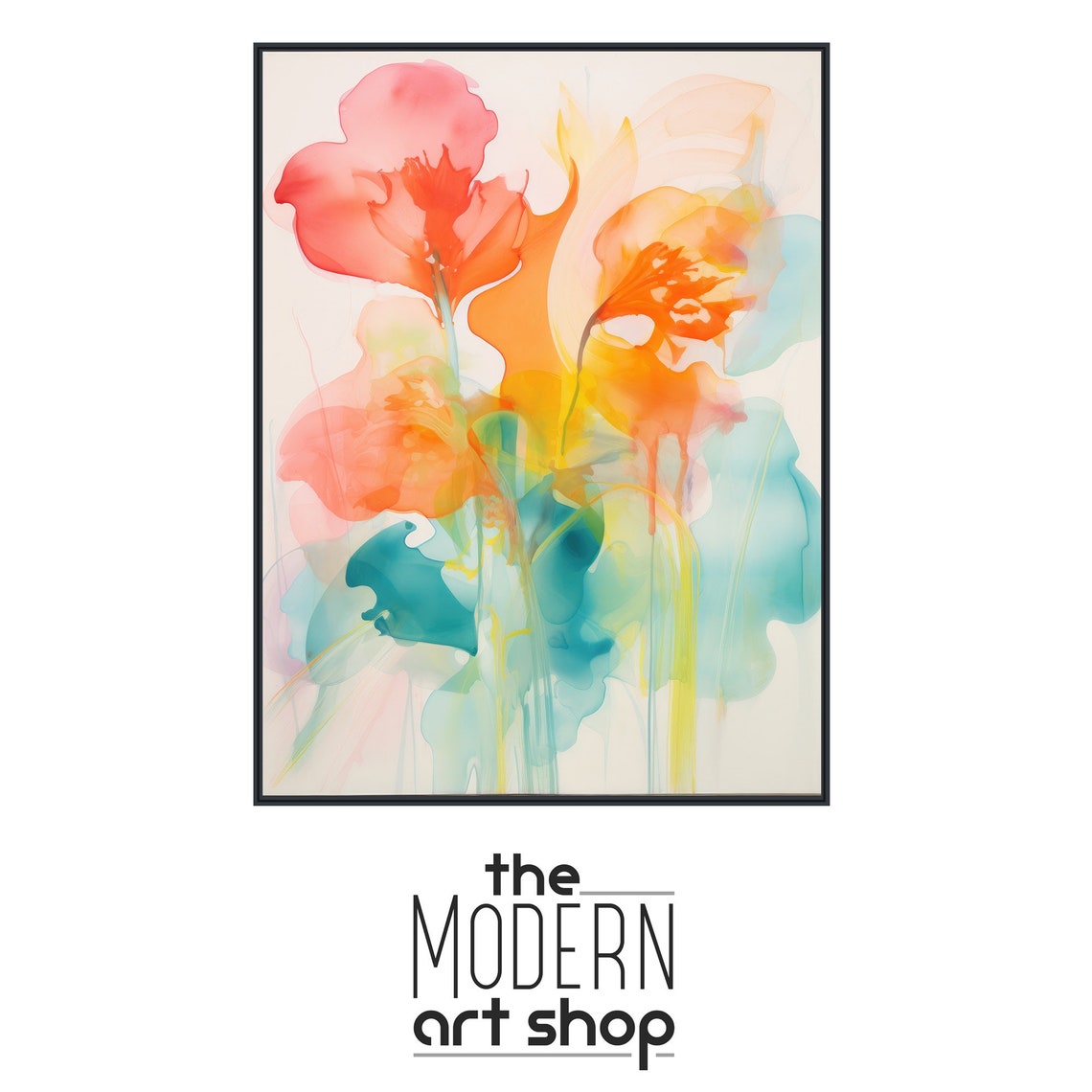 Soft Translucent Watercolor Bouquet Pink Orange Teal Art Poster - Image 4