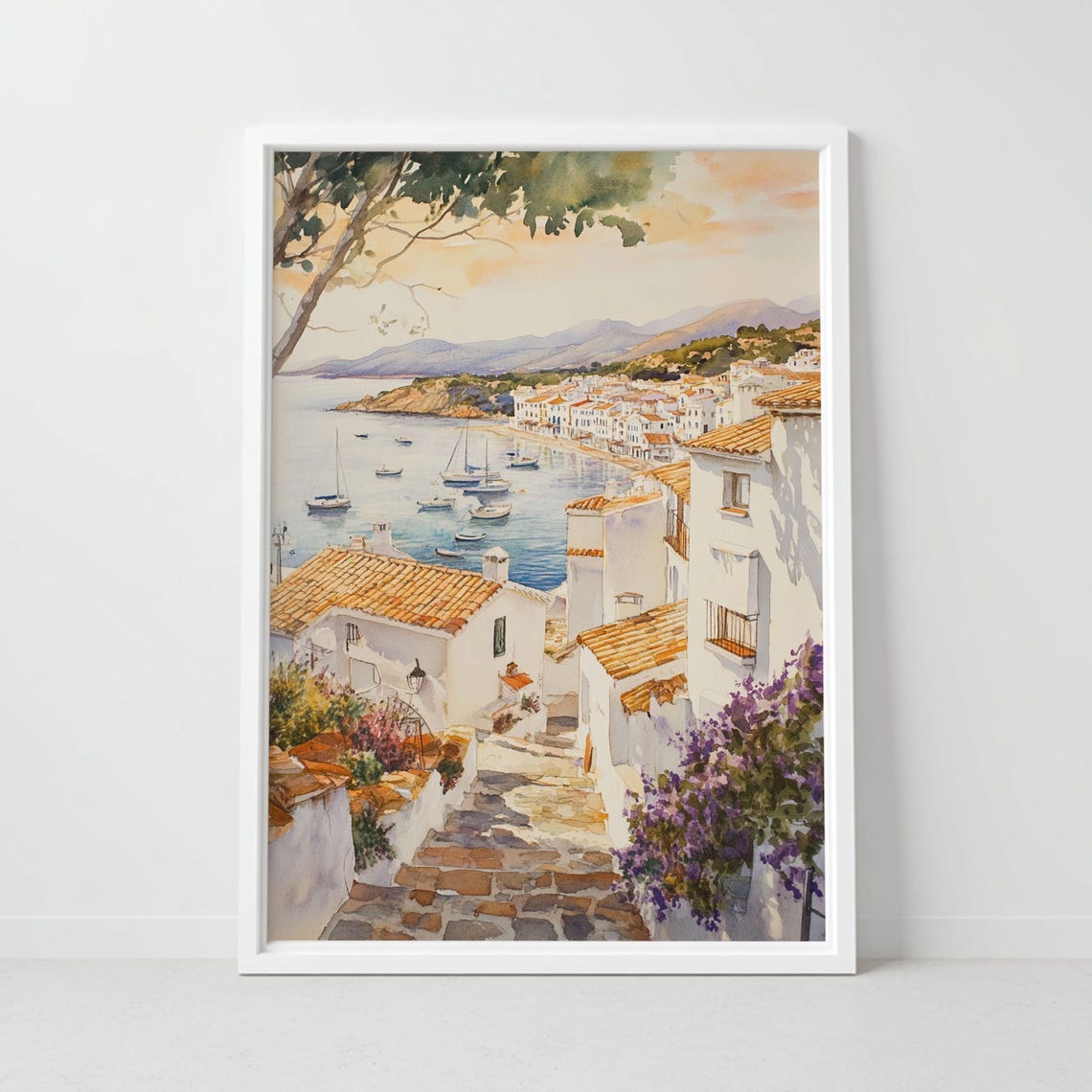 Cadaques Spain Whitewashed Coastal Village Sailboats Watercolor Poster