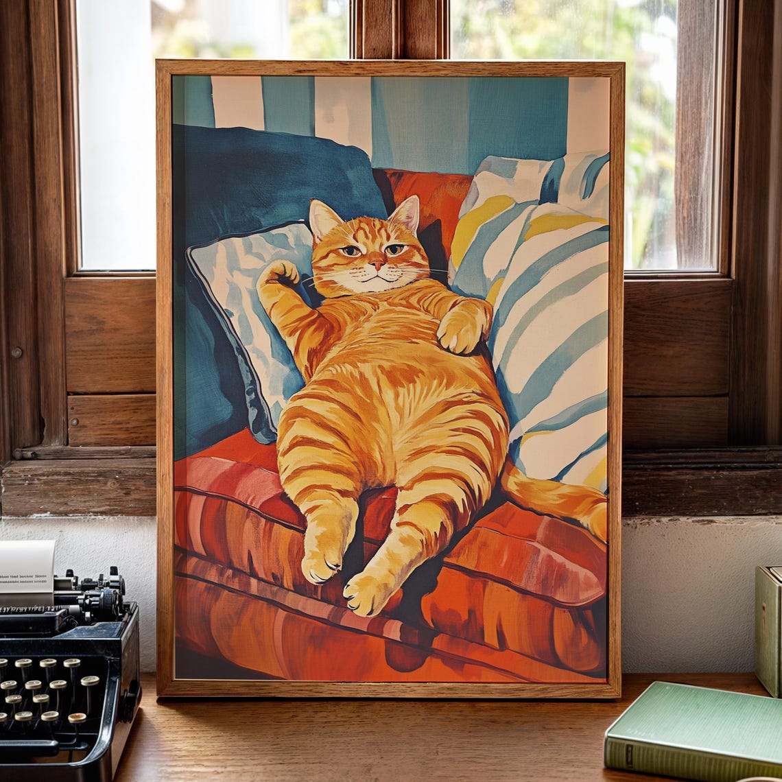 Funny Fat Cat Illustration Retro Orange Tabby Maximalist Dopamine Decor Poster Digital Download