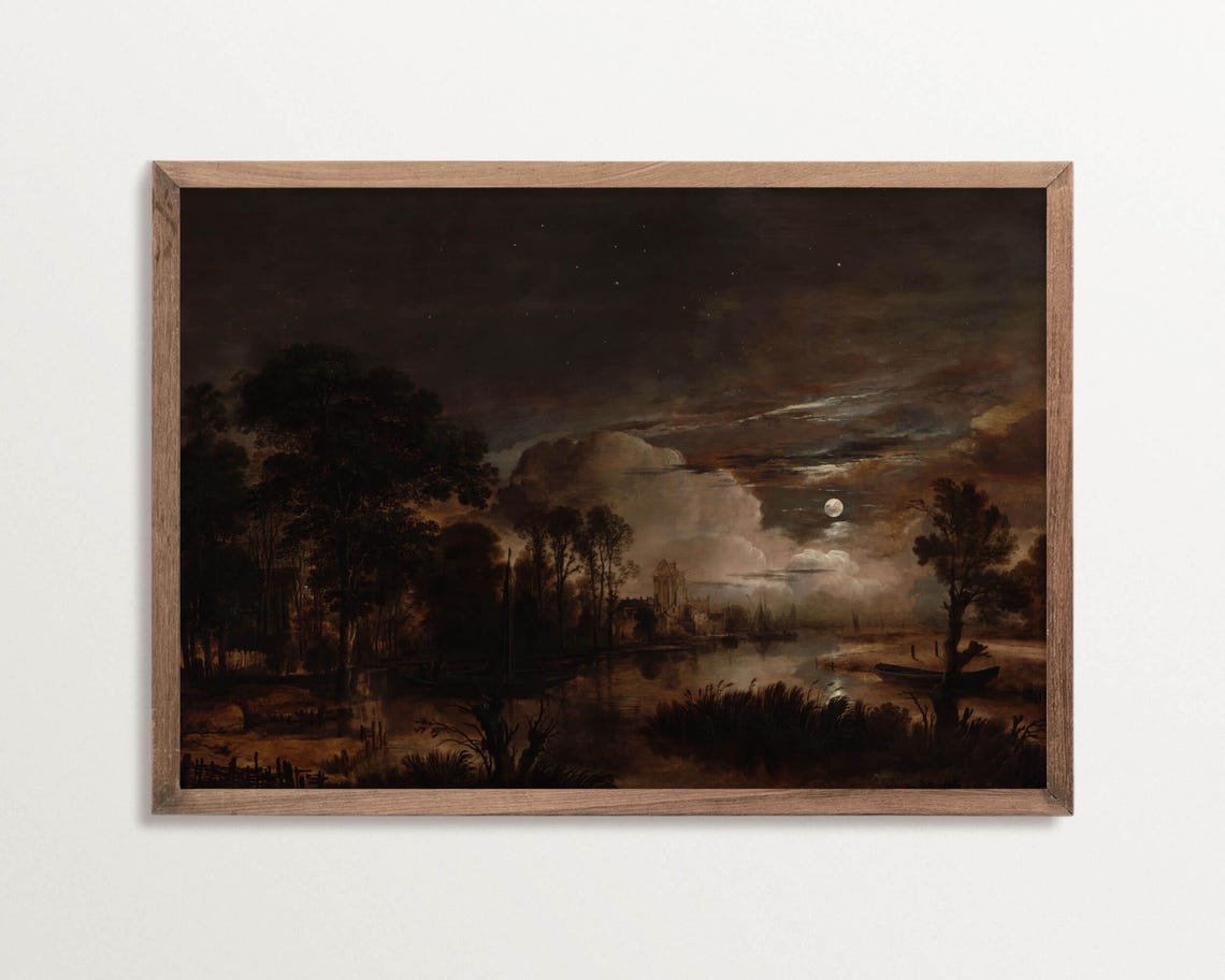 Dark Night Landscape Art Print, Vintage Gothic Scene