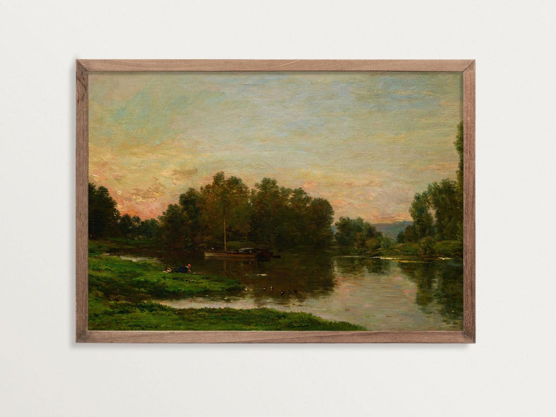 Moody Landscape Painting, Rustic Cabin Art Print