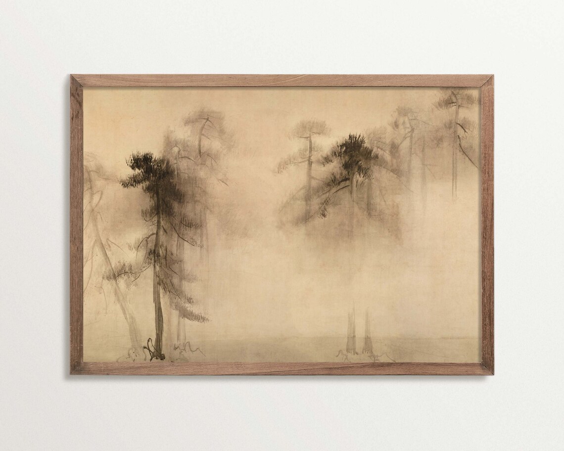 Wabi Sabi Vintage Pine Tree Sketch Wall Art Print