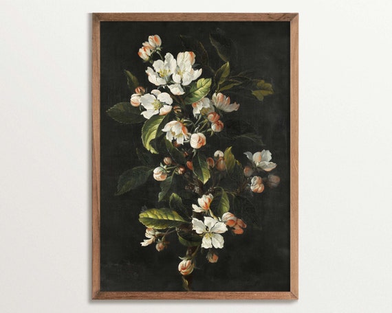 Dark Botanical Blossoms, Black Botanical Art Print