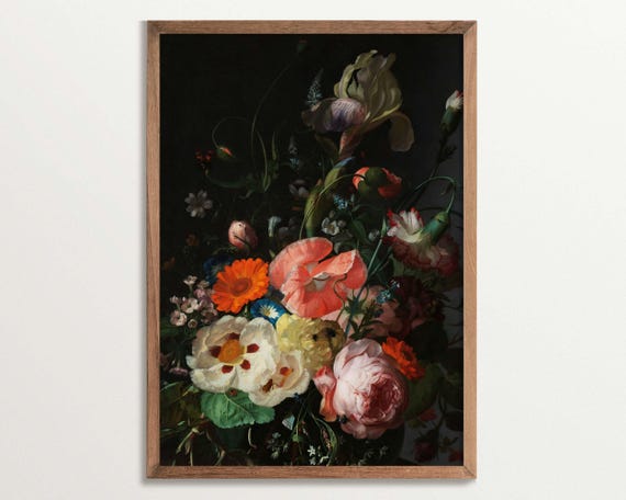 Black Botanical Still Life Art Print, Baroque Floral