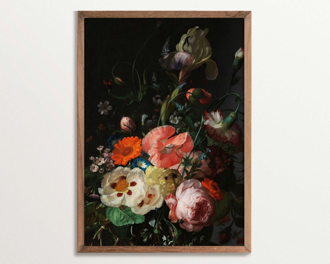Black Botanical Still Life Art Print, Baroque Floral