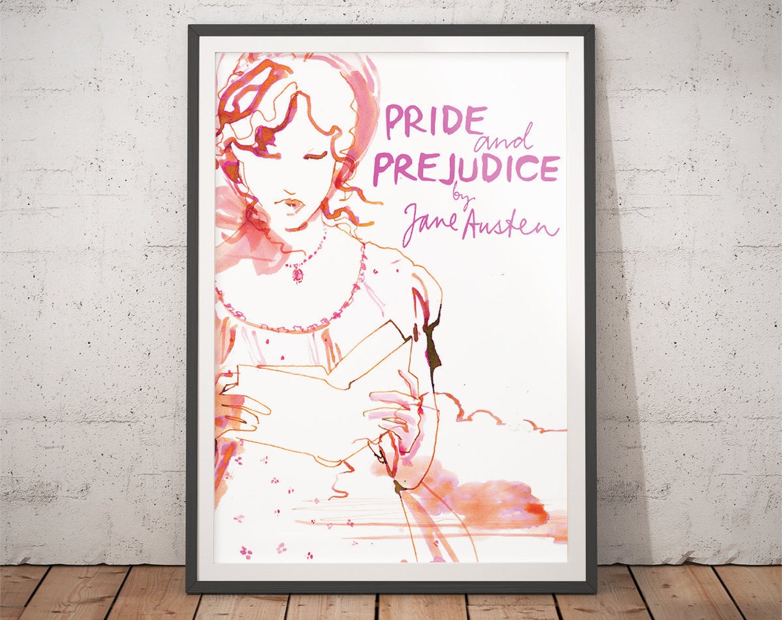 Pride And Prejudice Jane Austen Pink Watercolor Literary Art Poster