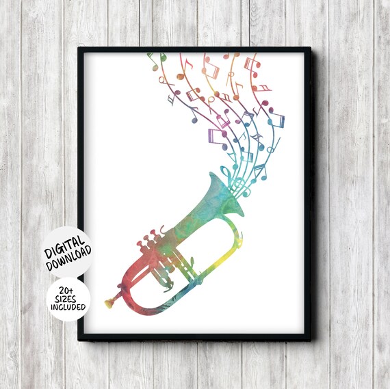 Watercolor Flugelhorn With Colorful Music Notes Band Teacher Poster