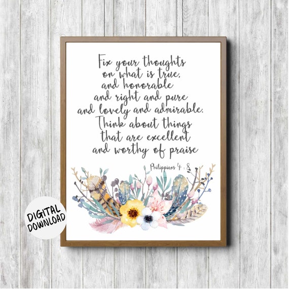 Philippians 4:8 Watercolor Flower Feather Bouquet
