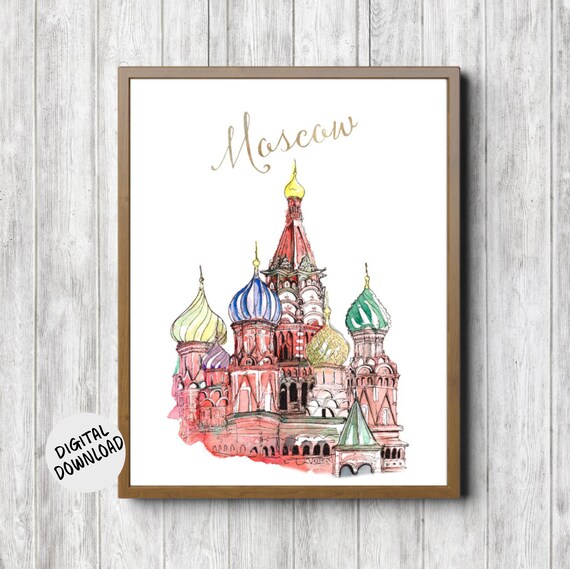 Moscow Saint Basils Cathedral Watercolor Gold Script Travel Poster