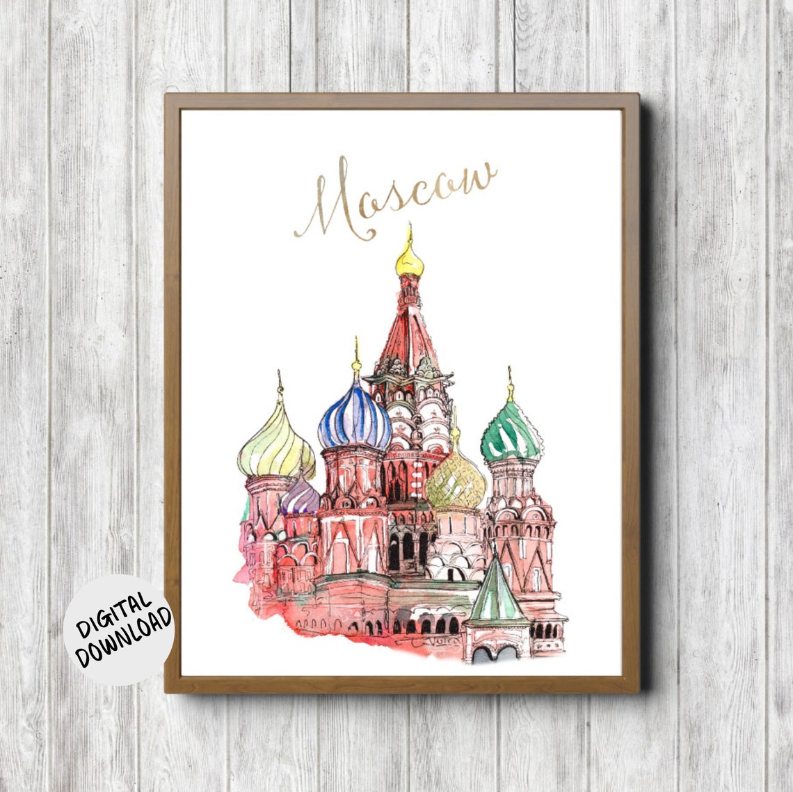 Moscow Saint Basils Cathedral Watercolor Gold Script Travel Poster