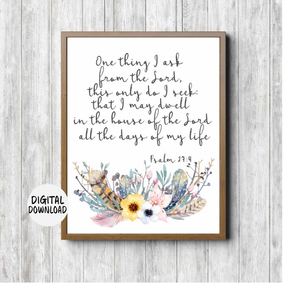 Psalm 27 4 One Thing I Ask Floral Feather Scripture Wall Poster