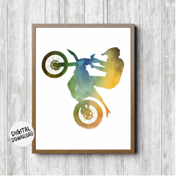 Dirt Bike Rider Silhouette Wall Art Motocross Gift For Man Boy Teen Watercolor Motorbike Print