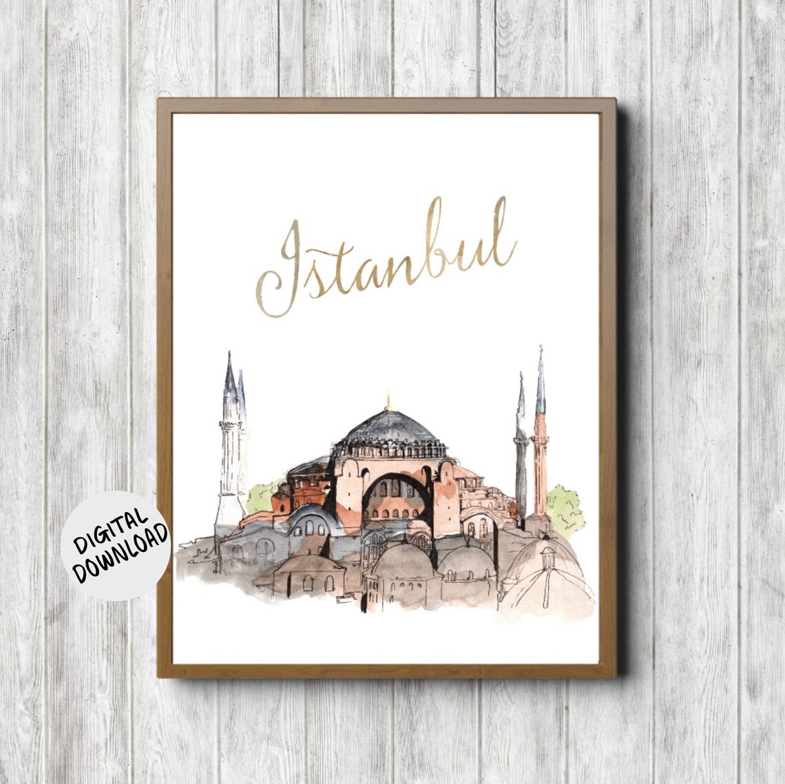 Istanbul Hagia Sophia Watercolor Gold Script Travel Souvenir Poster