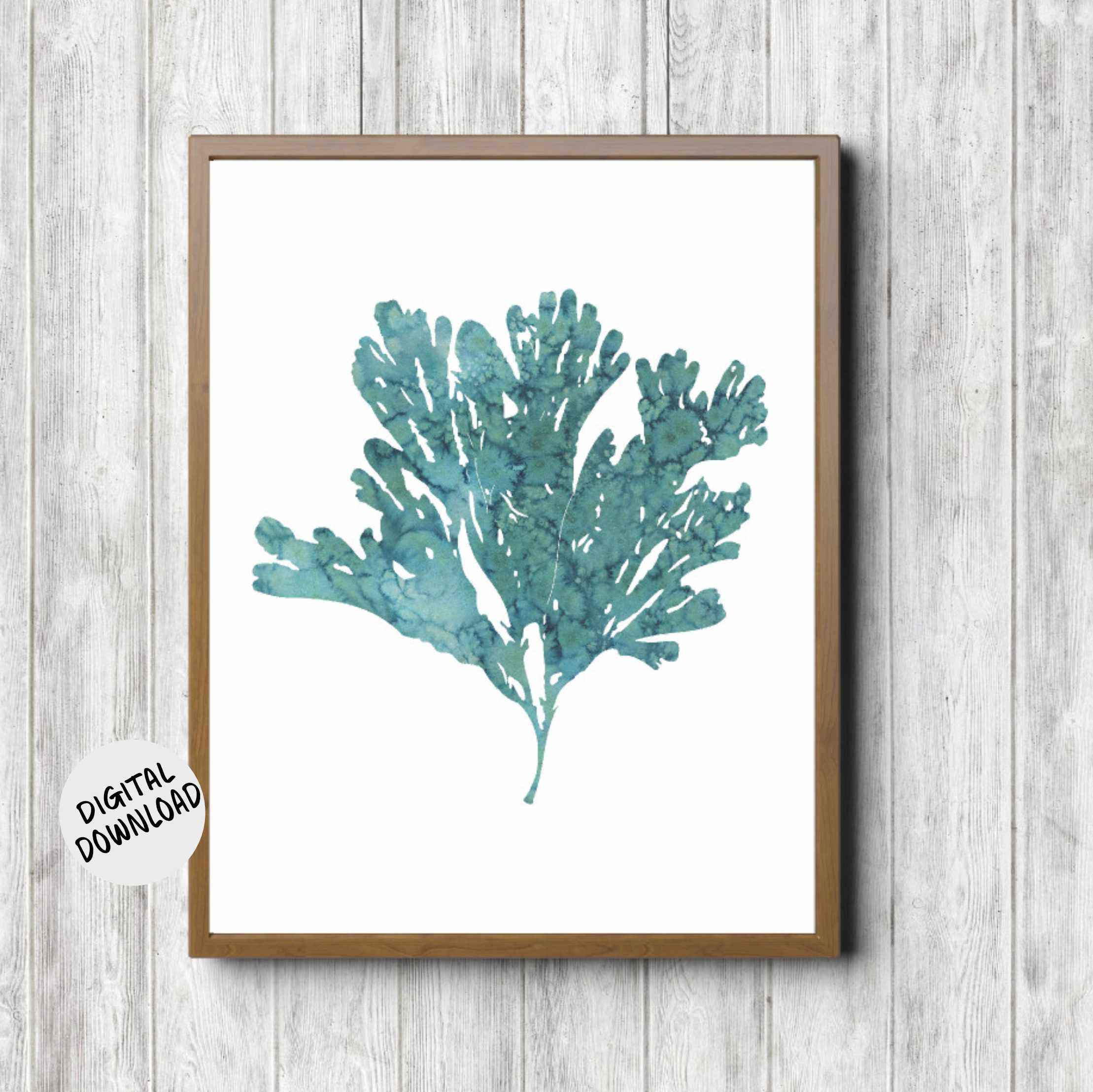 Teal Watercolor Ocean Seaweed Botanical Beach House Coastal Print