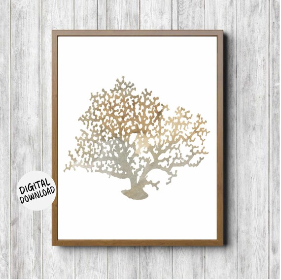 Rustic Watercolor Sea Coral Poster Beach Theme Wall Art Earthy Tones Bathroom Office Sealife Wall Decor Gender Neutral