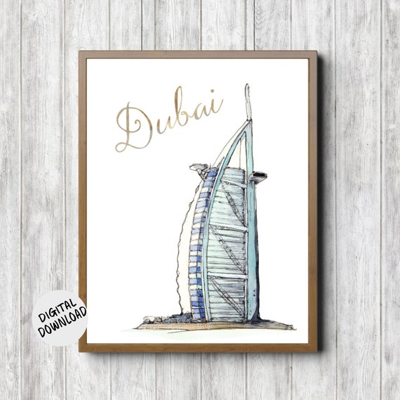 Burj Al Arab Hotel Dubai Watercolor Landmark Wall Art Uae World Cities Print Travel Gift Office Decor