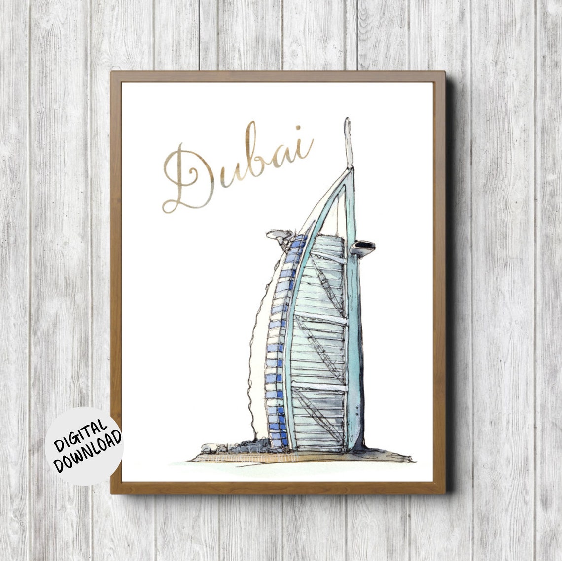 Dubai Burj Al Arab Luxury Hotel Watercolor Gold Script Travel Poster