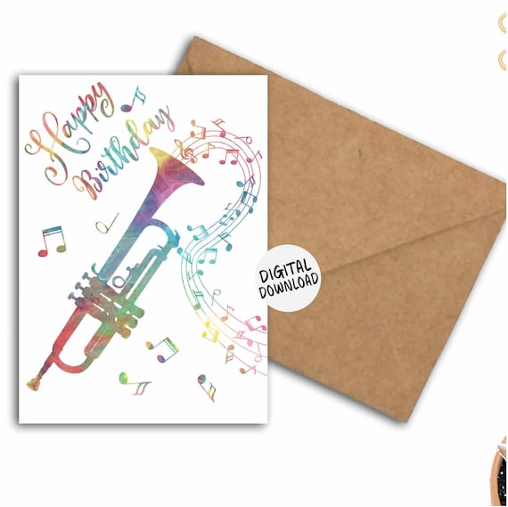 Trumpet Happy Birthday Card, Music Notes Print
